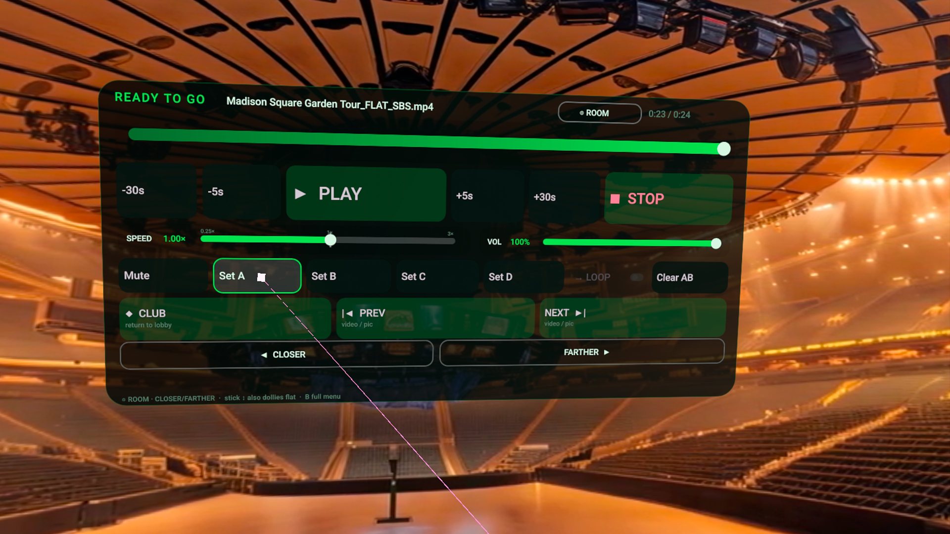 Finally playback controls with play, seek, loops and screen distance in a virtual theater on Quest